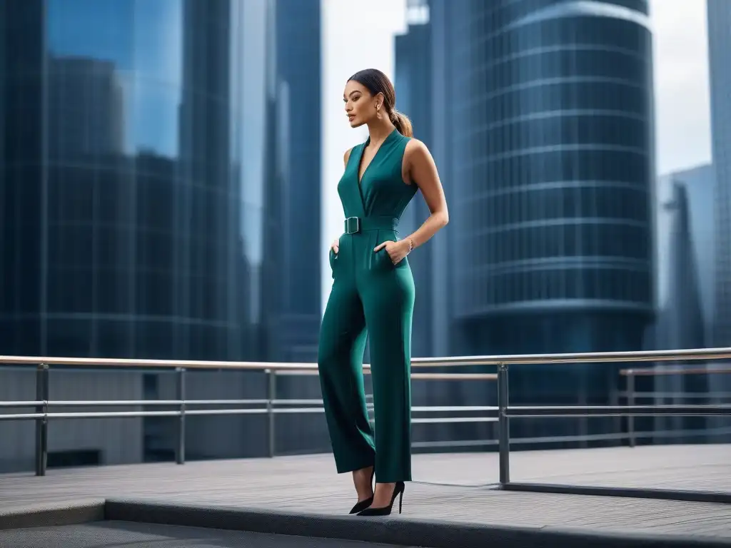 Jumpsuit perfecto para mujeres petite: estilo y confianza en la ciudad Una mujer petite segura y elegante usando un mono perfectamente ajustado en un entorno urbano moderno