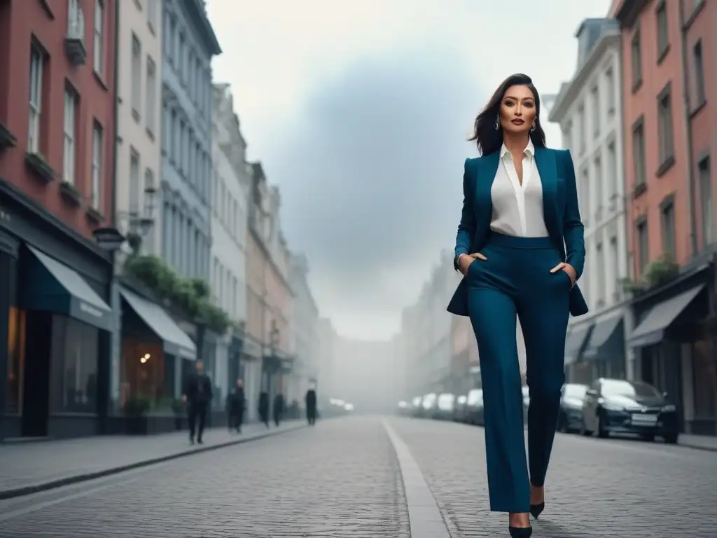 Estilosa mujer urbana con pantalones a la moda Una mujer petite segura, vistiendo pantalones a la moda que realzan su figura, caminando por la ciudad