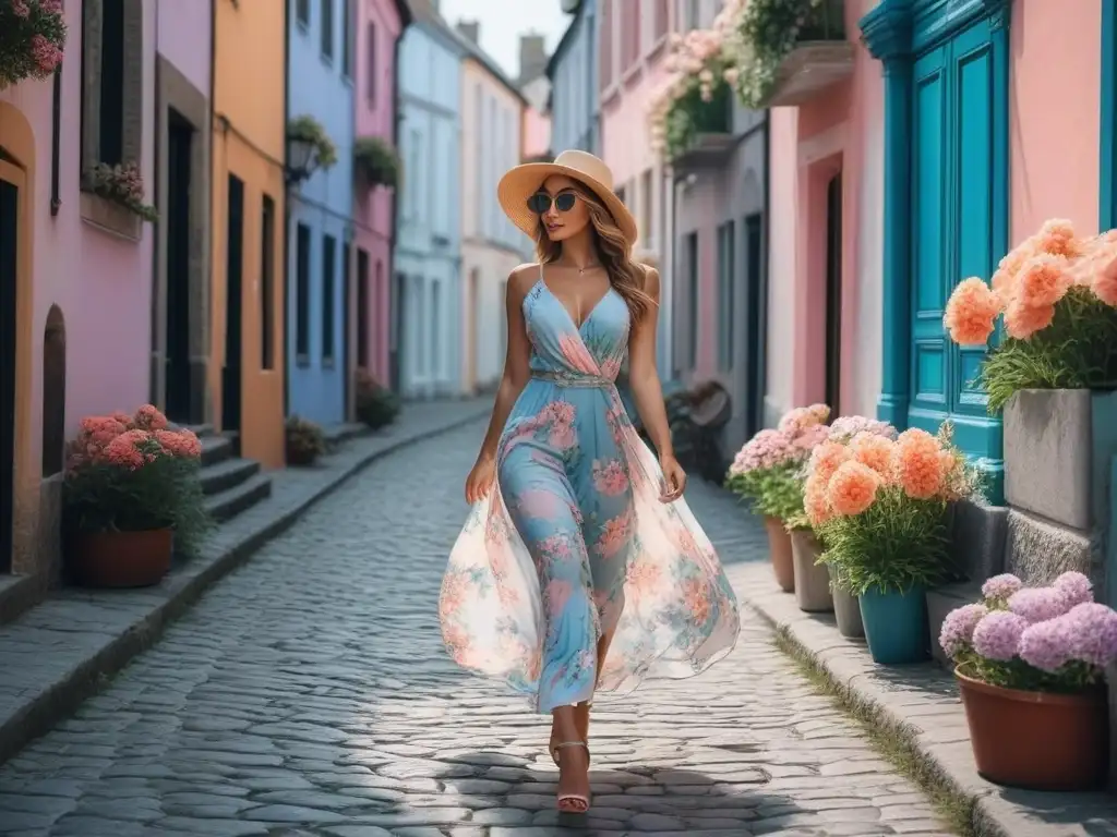 Estilo veraniego: mujer elegante paseando por calles floridas Una mujer petite en verano, elegante y fresca, caminando por una calle empedrada con flores, vistiendo ropa de estilo moderno