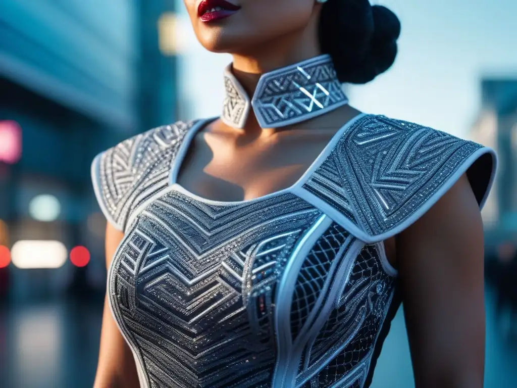 Diseño vanguardista: vestido tecnológico para mujer petite Una mujer petite viste un vestido cutting-edge con LEDs, fusionando moda y tecnología en un paisaje urbano futurista