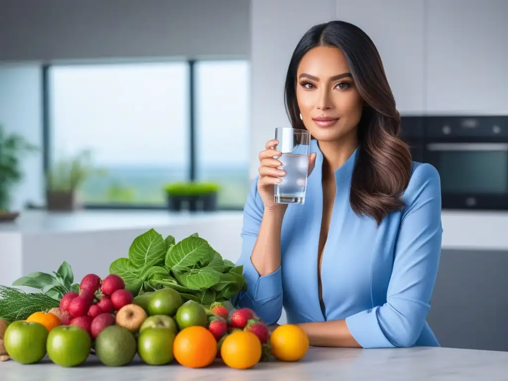 Piel radiante: mujer con agua y alimentos para la piel Mujer con piel radiante y alimentos para piel sana en cocina luminosa