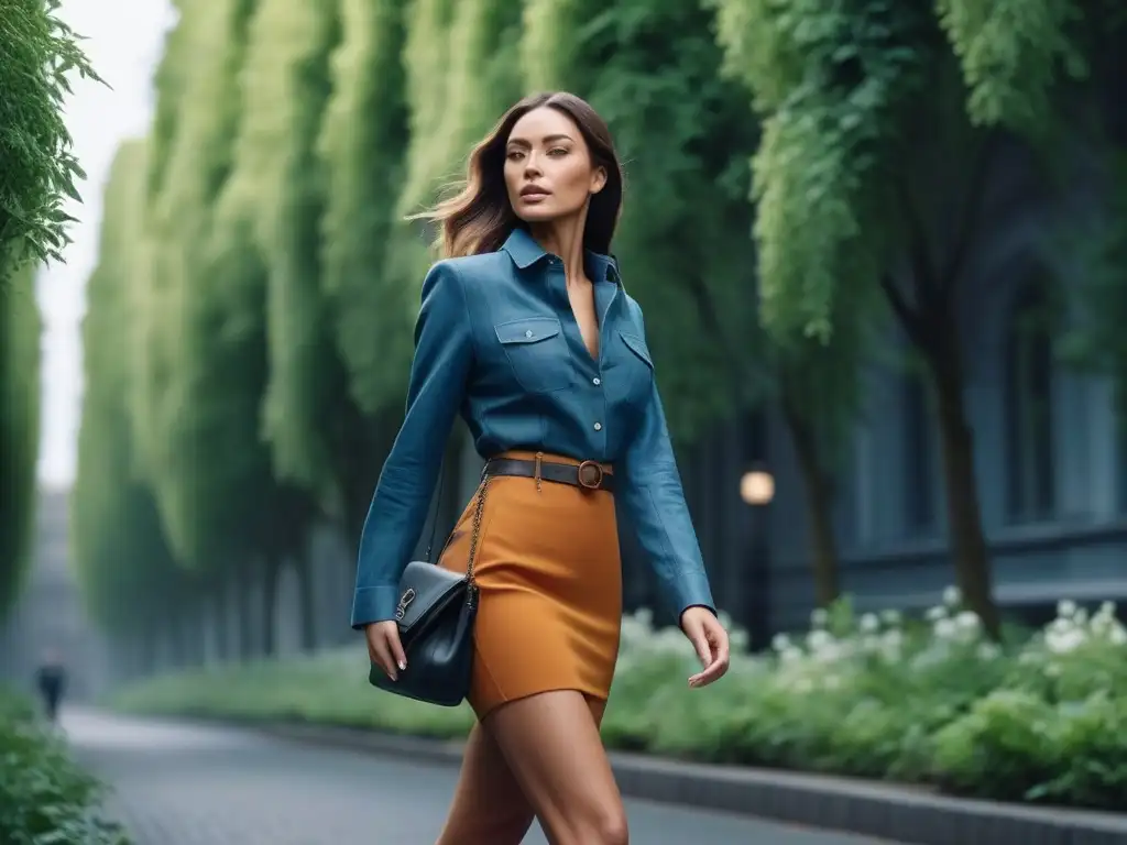 Chica poderosa en moda sostenible recorriendo la ciudad Una mujer poderosa en moda sostenible para cuerpos pequeños camina con confianza en una bulliciosa calle de la ciudad