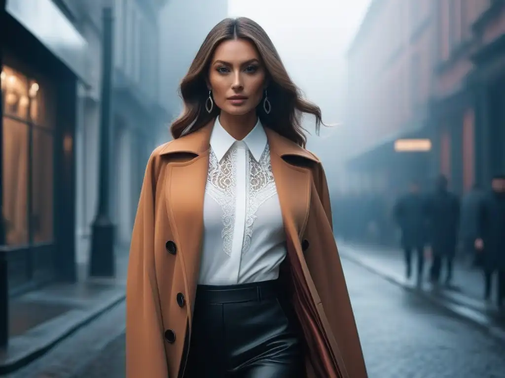 Estilosa mujer superpone capas de moda urbana en neutros Una mujer profesional vistiendo en capas con estilo urbano y moderno