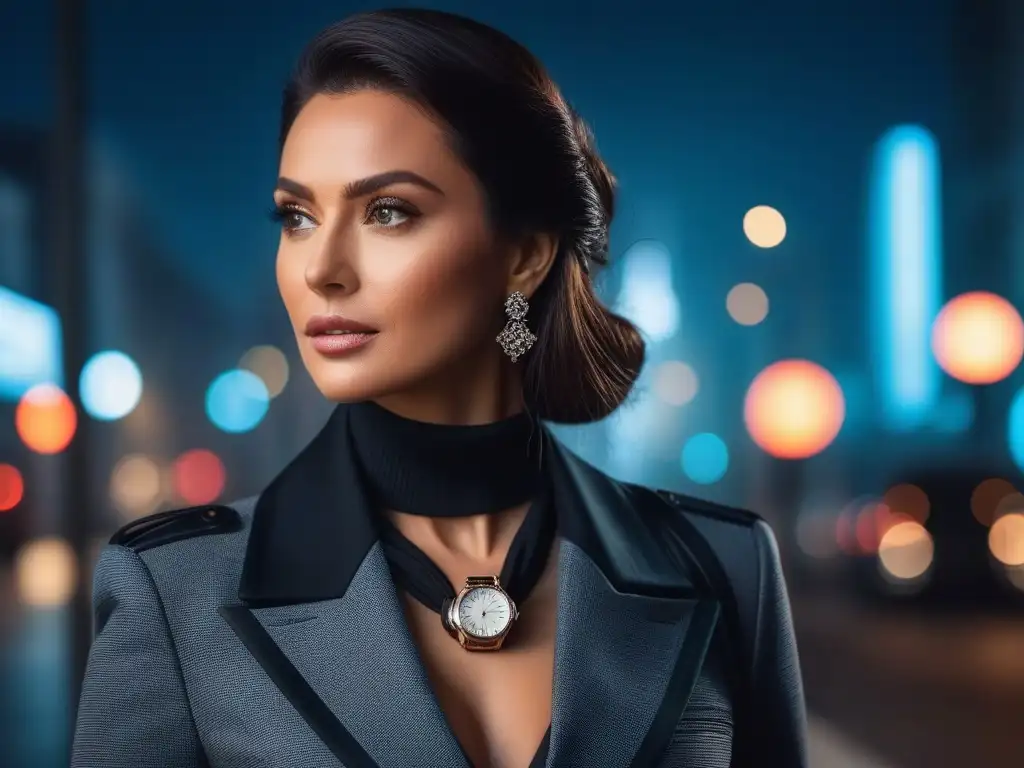 Profesional elegante con accesorios de lujo en la ciudad Una mujer profesional y elegante luce accesorios de alta gama en un entorno urbano, irradiando autoestima y sofisticación
