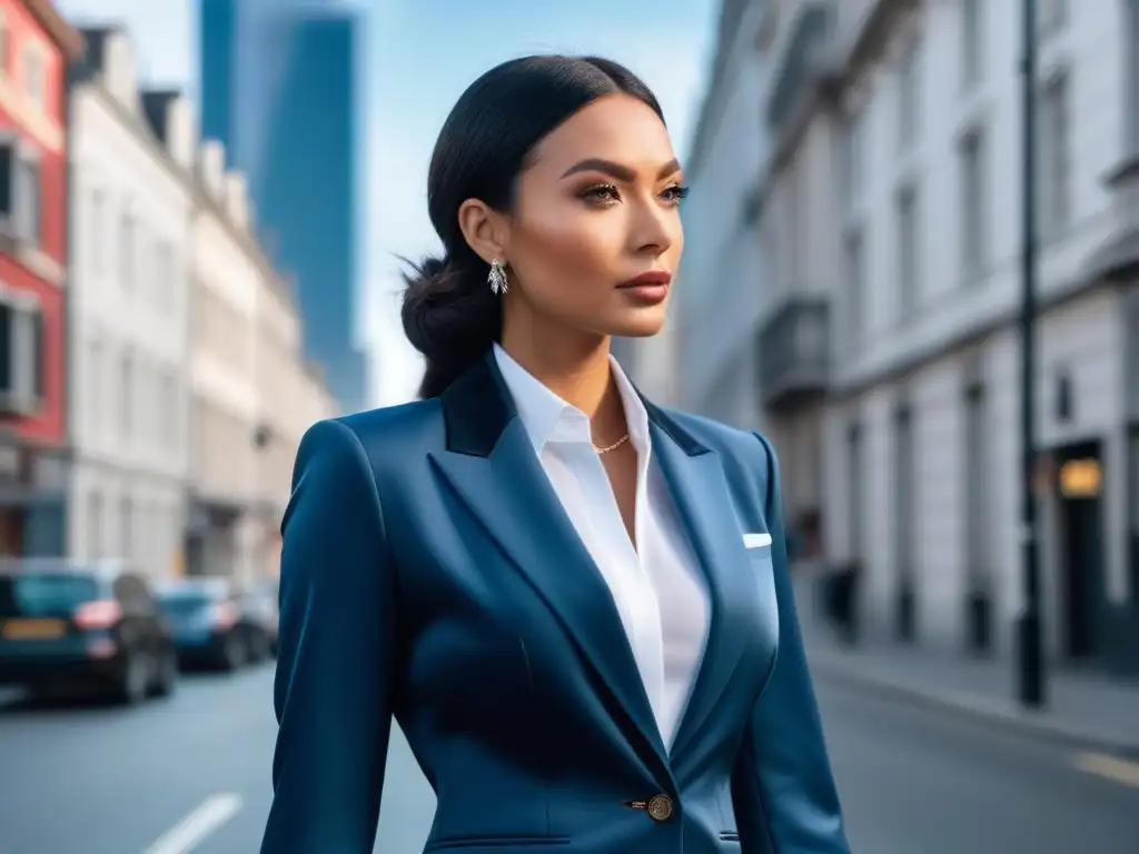 Empoderamiento en la ciudad: mujer petite segura y elegante Una mujer profesional y elegante camina con confianza por la ciudad, luciendo ropa petite para aumentar confianza
