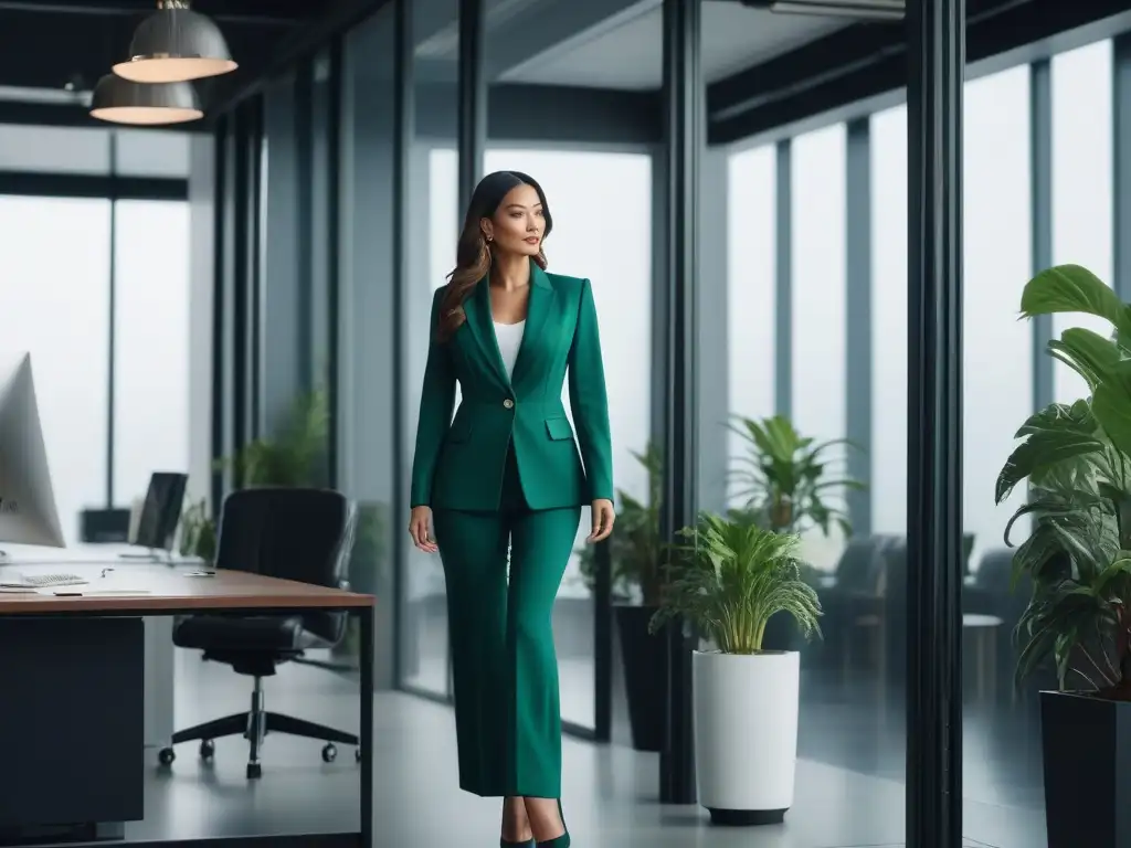 Profesional alta y elegante en un ambiente de oficina moderno y chic Una mujer profesional y elegante camina con confianza en un espacio de oficina moderno, representando el éxito y la sofisticación para personas altas