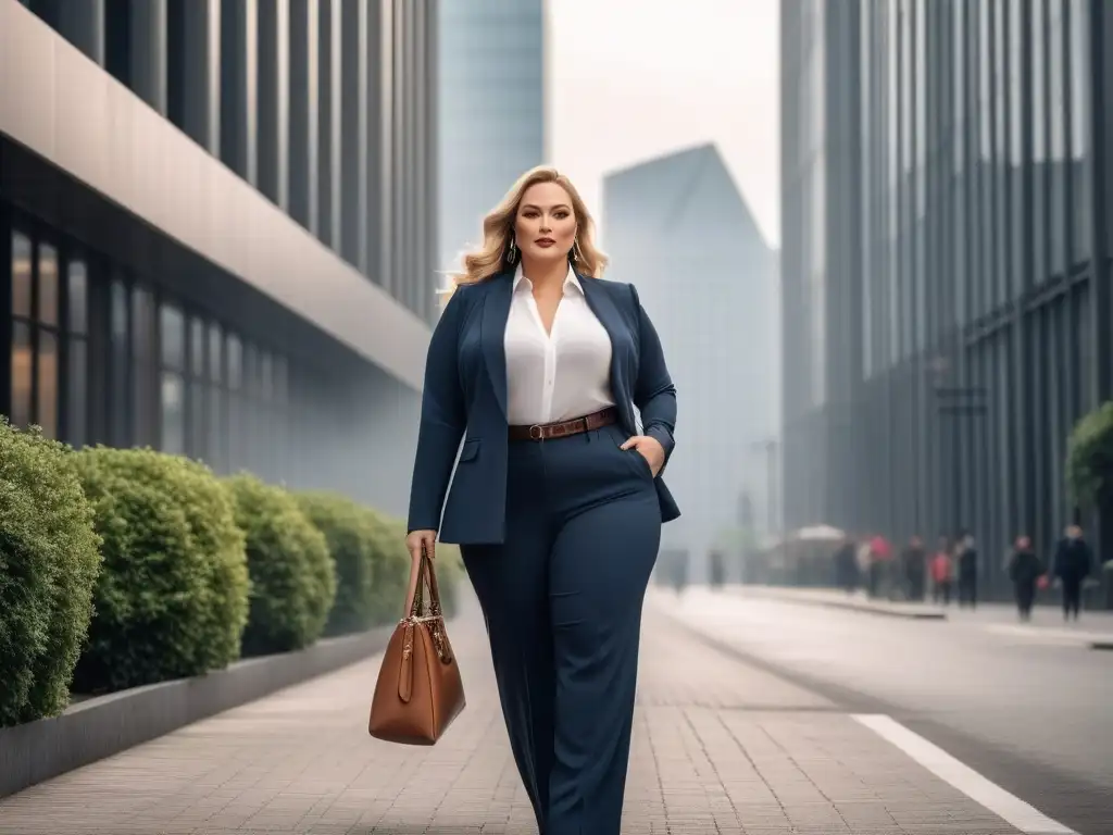 Profesional plus size con estilo urbano y confianza Una mujer profesional plus size con estilo, viste pantalones chic en tono neutro y blazer