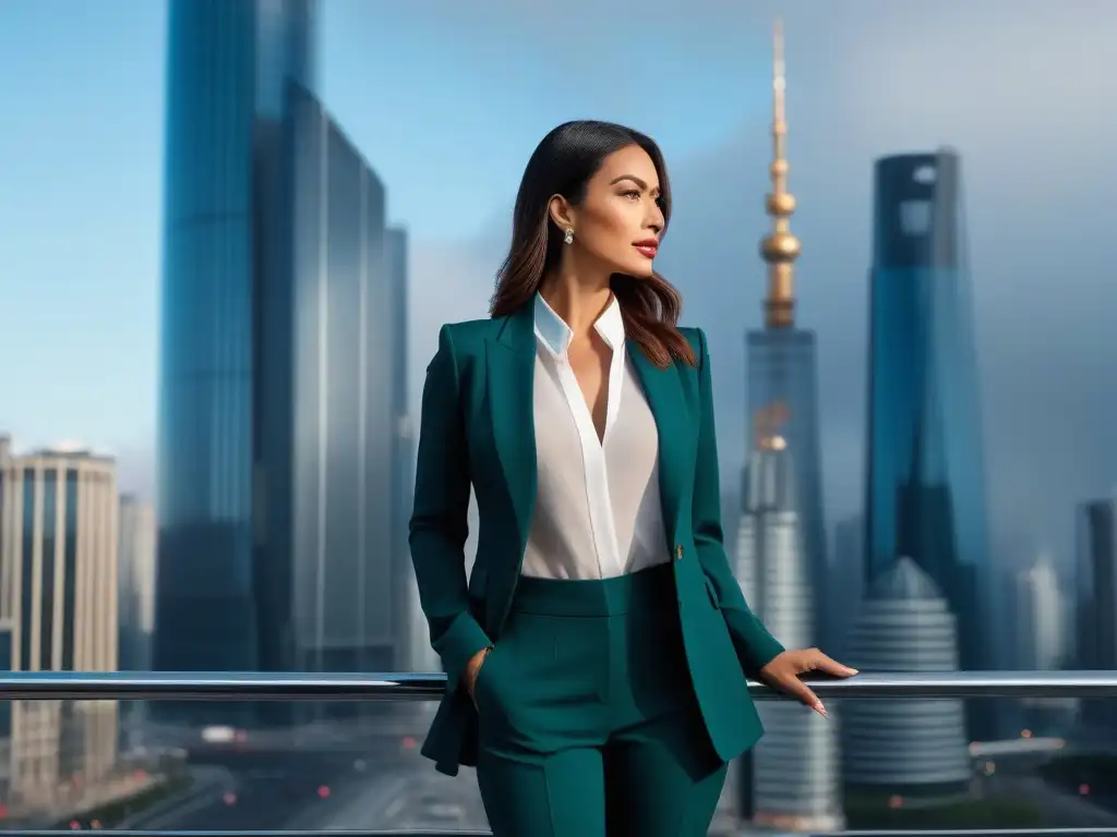Empoderamiento en moda petite: Mujer profesional exitosa en la ciudad Una mujer profesional y segura en atuendo de negocios petite, con la ciudad de fondo
