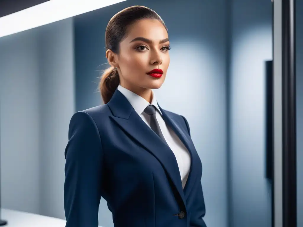 Empoderamiento en Petite: Mujer profesional segura ajustando su traje Una mujer profesional y segura ajustando su collar en un traje moderno y elegante