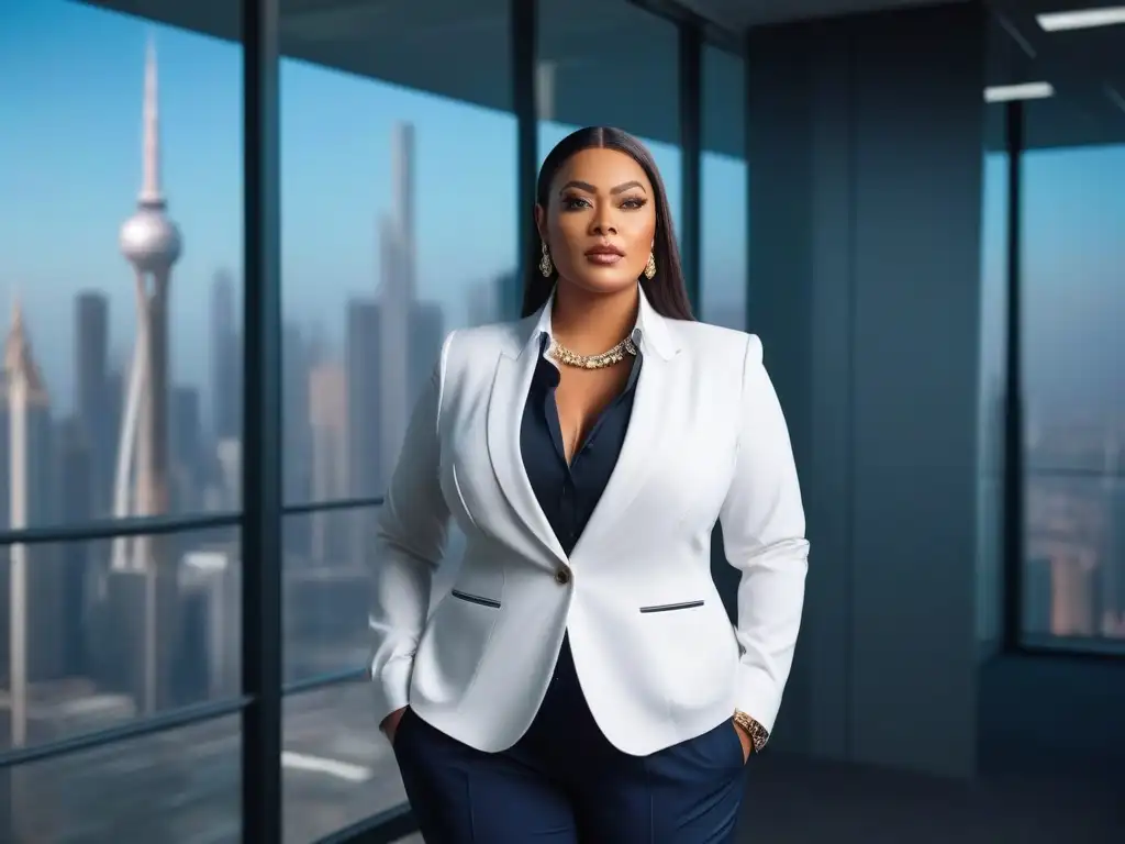 Profesional plus size segura en oficina moderna Una mujer profesional de talla grande segura de sí misma en un elegante atuendo de oficina