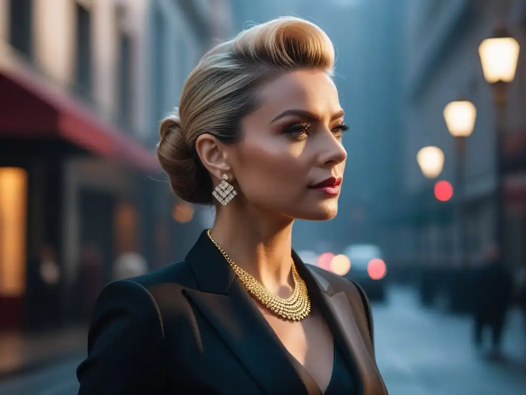 Mujer elegante con traje negro y joyas brillantes en la ciudad Mujer profesional con traje negro y joyería de alta gama