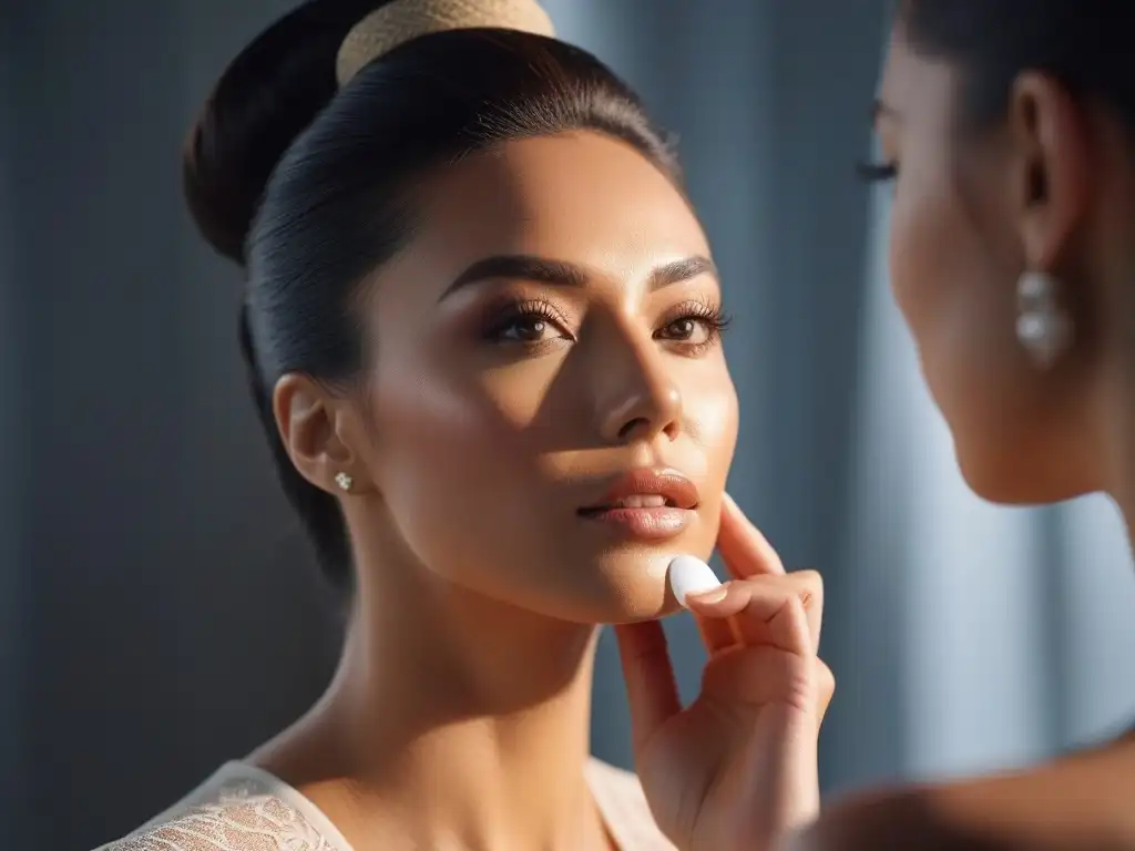 Aplicación delicada de protector solar mineral para piel radiante Una mujer aplica protector solar mineral en su rostro, destacando su piel radiante y suave