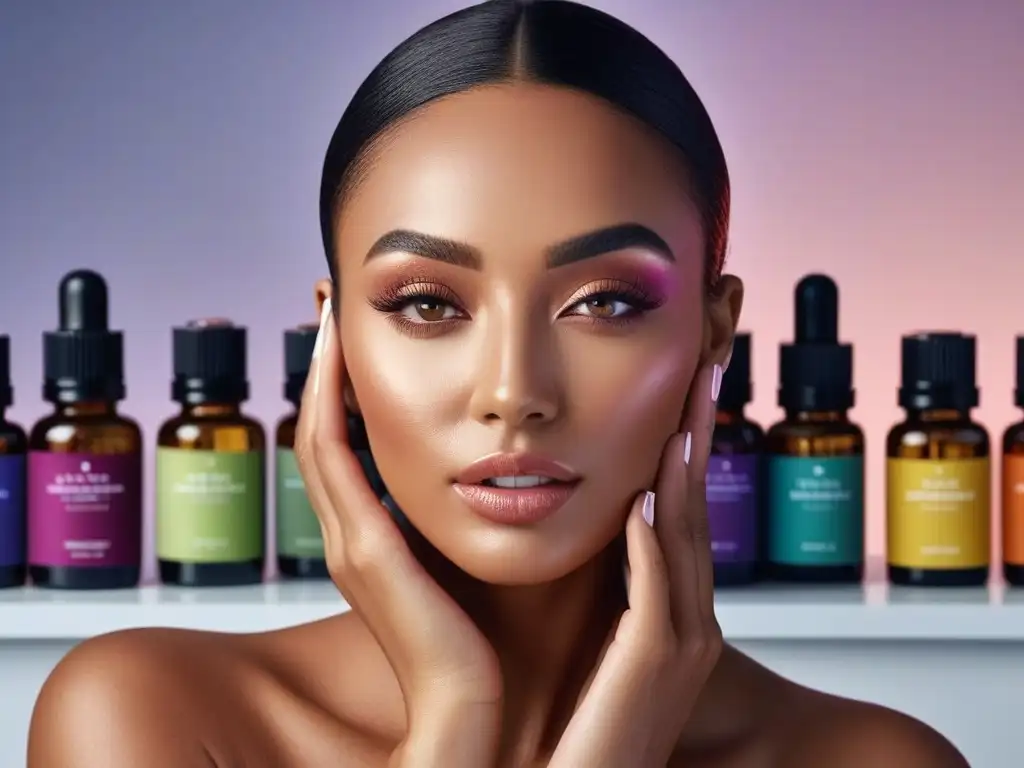 Radiante mujer aplica aceites esenciales en piel, laboratorio skincare Mujer radiante aplica aceites esenciales en su rostro, rodeada de botellas para tipo piel en laboratorio de belleza