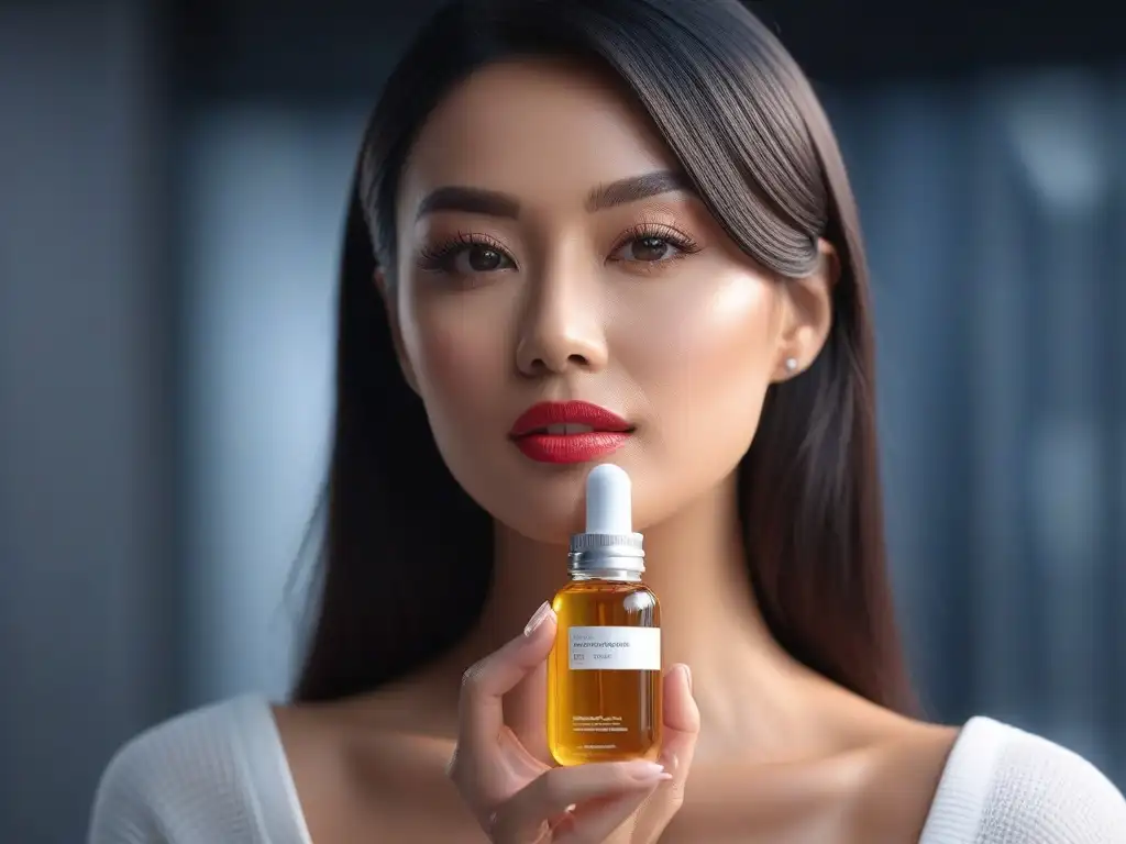 Aplicación elegante de serum facial en estudio de belleza Una mujer radiante aplica con delicadeza un suplemento para piel sana belleza en un entorno profesional y luminoso