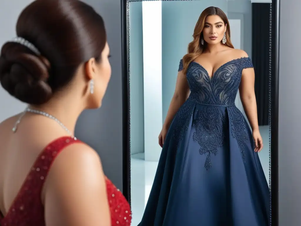Plussize radiante: mujer segura en vestido glamuroso Una mujer plus size radiante, segura y elegante frente al espejo con un vestido de fiesta deslumbrante