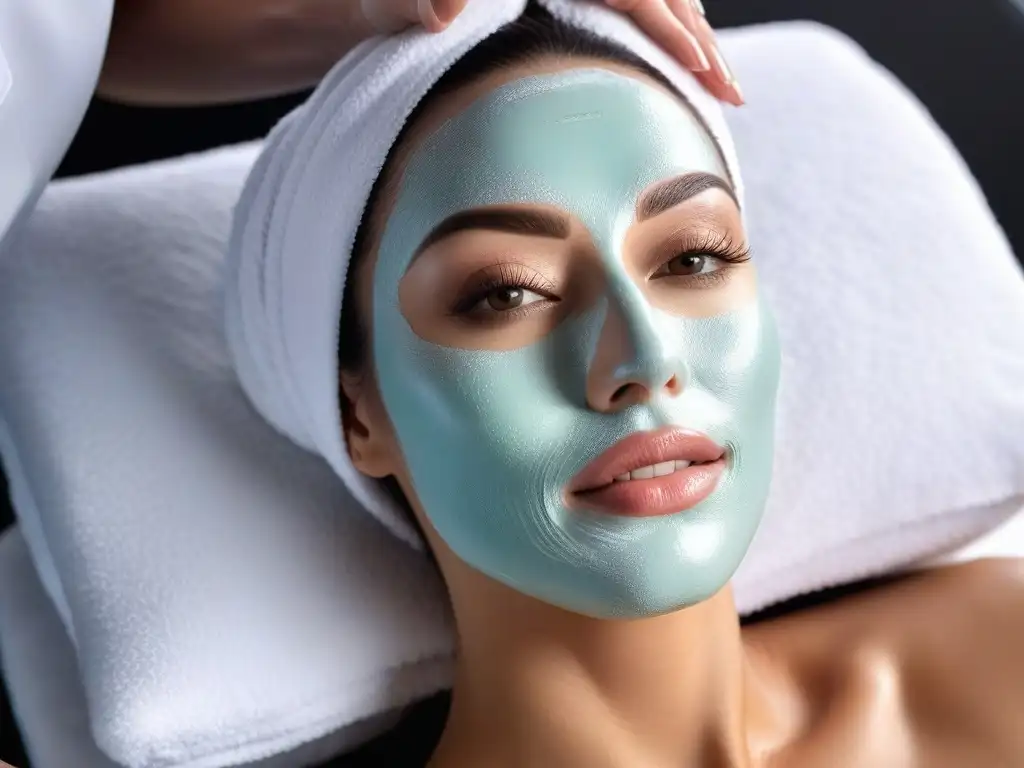 Tratamiento facial rejuvenecedor en spa de lujo Una mujer radiante recibe un tratamiento facial rejuvenecedor en un spa moderno