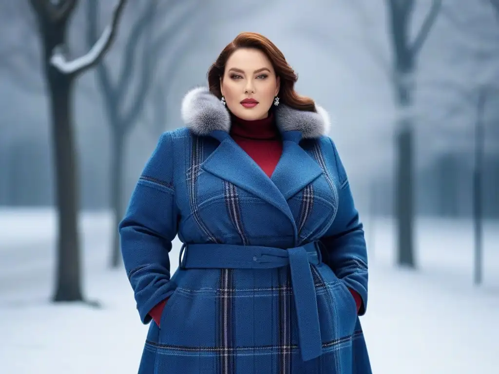 Chaqueta de invierno para mujer plus size: estilo y elegancia en la nieve Una mujer plus size segura, viste un abrigo de invierno elegante y acogedor en un patrón de cuadros