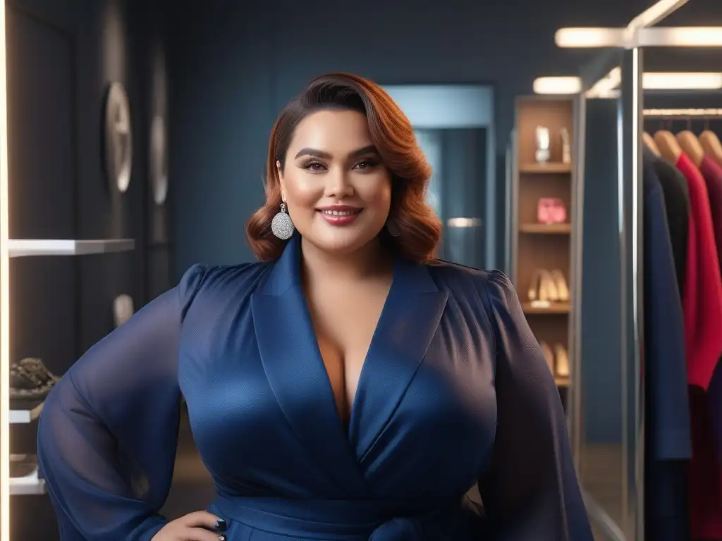 Mujer segura de sí misma en vestuario chic Una mujer plus size segura ajustando sus accesorios frente al espejo en un vestidor moderno