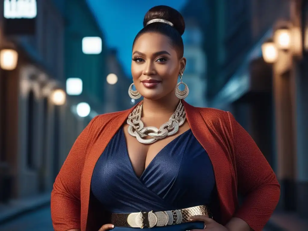 Empoderamiento y estilo: mujer plus size segura de sí misma en la ciudad Una mujer plus size segura, con accesorios que realzan su estilo en un entorno urbano chic