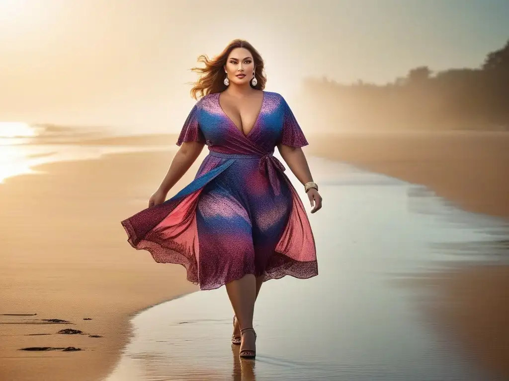 Empoderamiento veraniego: mujer plus size segura en la playa Una mujer plus size segura y alegre en outfit veraniego, camina en la playa al atardecer