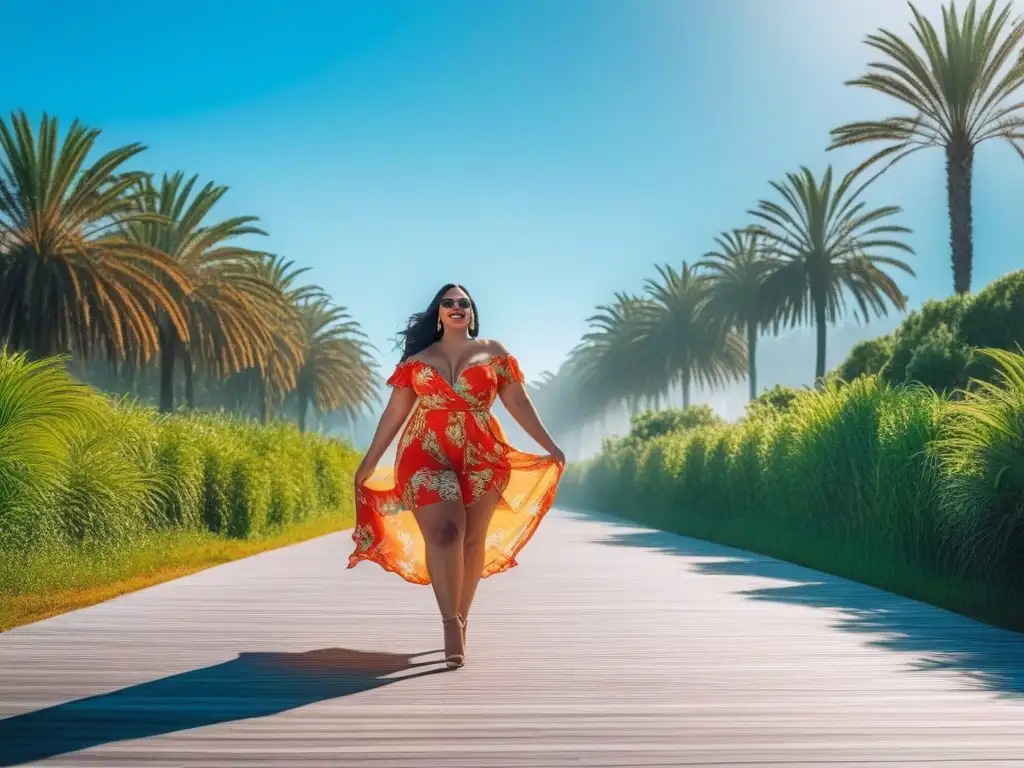 Moda verano 2022: mujer plus size radiante y segura en paseo soleado Una mujer plus size segura y alegre, vistiendo ropa veraniega colorida, camina en un paseo marítimo soleado con palmeras al fondo