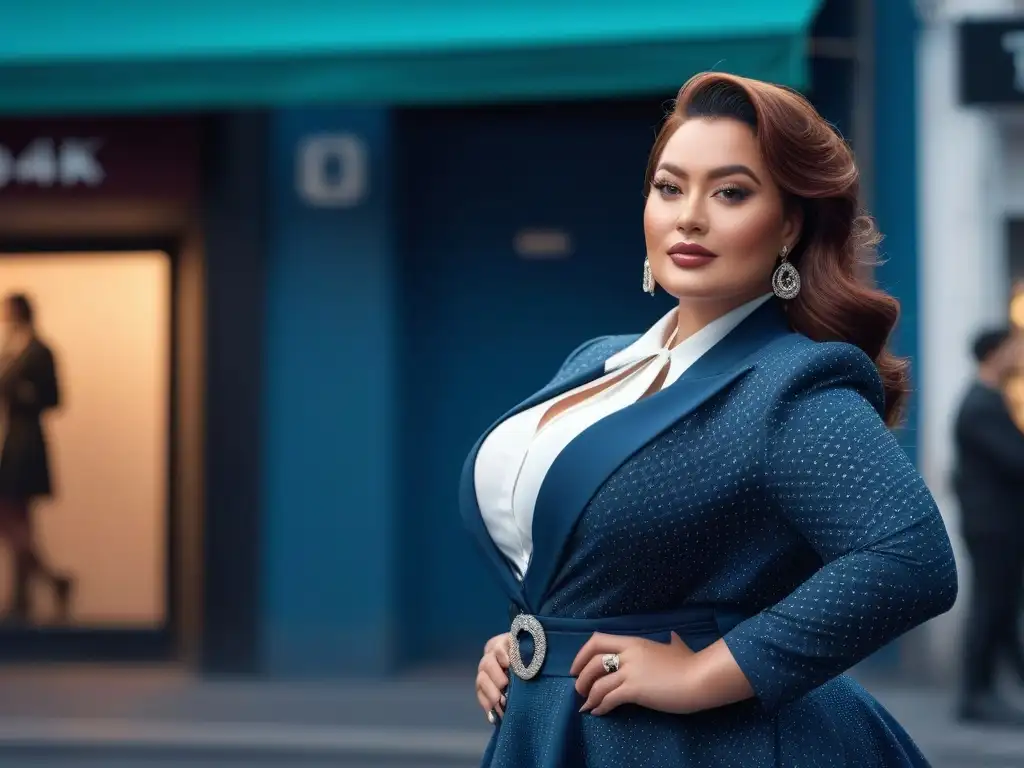 Moda para mujeres curvy: Outfit chic y trendy en entorno urbano Una mujer plus size segura de sí misma con un atuendo chic y elegante en un entorno urbano moderno