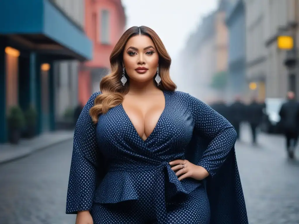 Moda plus size: mujer segura y moderna en entorno urbano Una mujer plus size segura, con atuendo moderno, en ambiente urbano chic