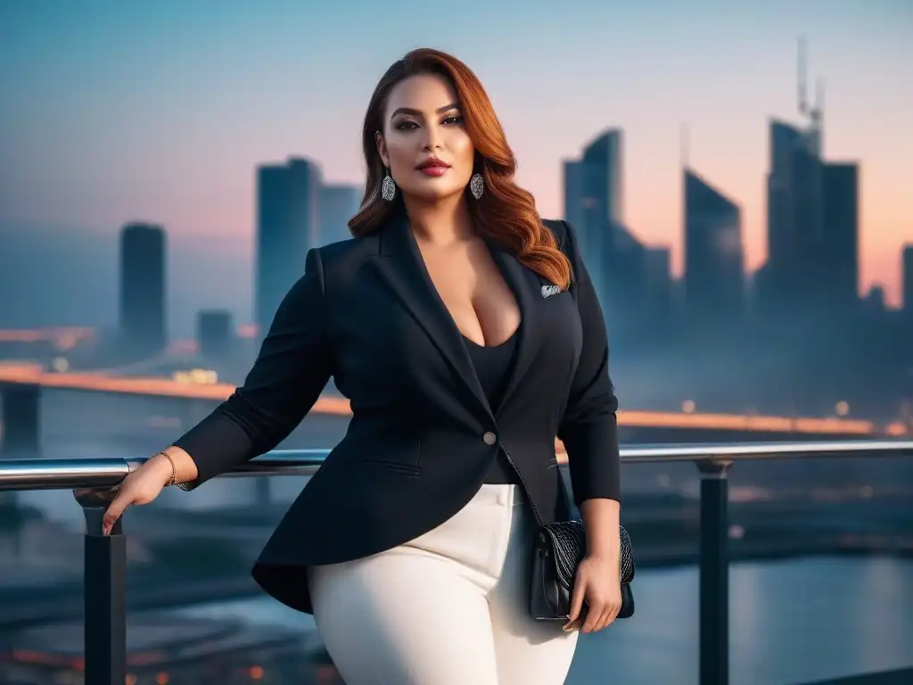 Estilo y confianza: mujer plus size con blazer negro en la ciudad Una mujer plus size segura, vistiendo un blazer negro moderno con pantalones blancos, de fondo un skyline urbano al atardecer
