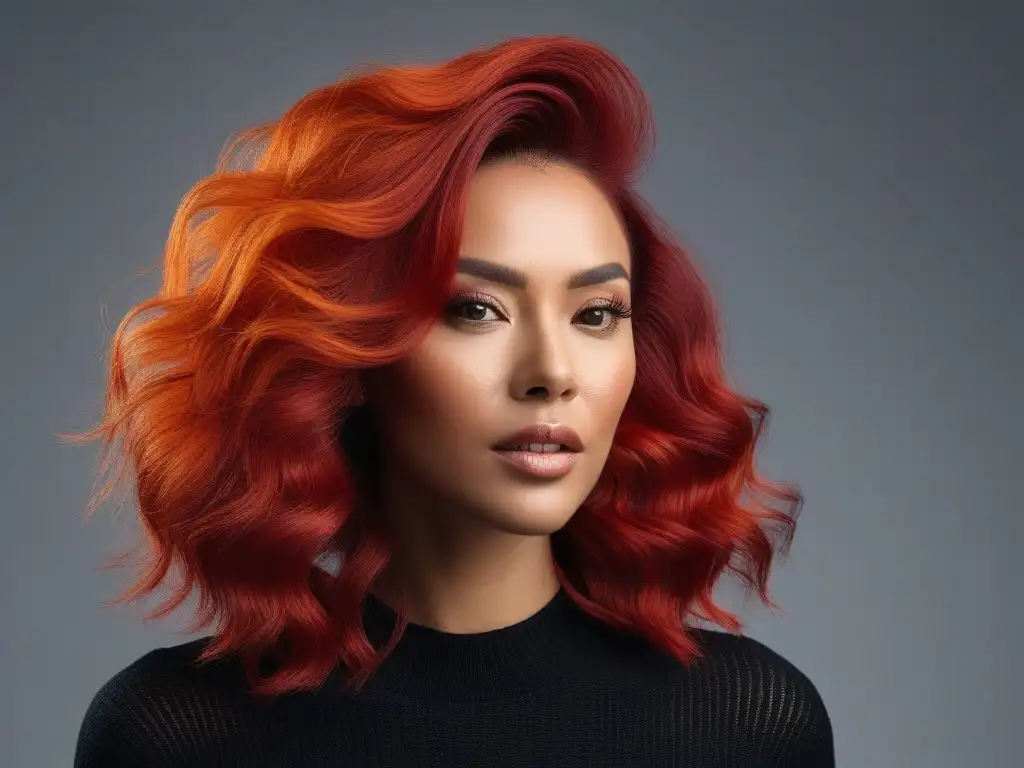 Melena salvaje: pelo rojo, naranja y amarillo en mujer segura y empoderada Una mujer segura con cabello vibrante y rebelde, destacando su belleza única