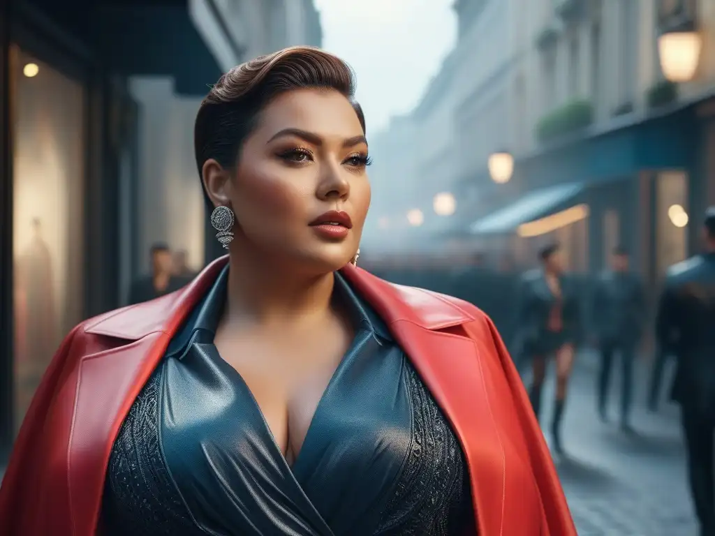 Mujer plus size segura de sí misma paseando por la ciudad Una mujer plus size segura de sí misma pasea por una calle de tiendas de moda, reflejando elegancia y modernidad