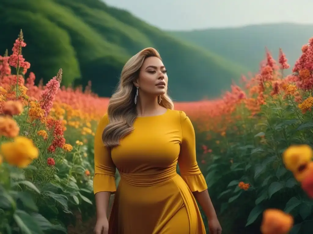 Mujer empoderada en campo de flores: colores vibrantes y confianza Una mujer plus size segura en un campo florido con los mejores colores para figura plus, bajo el cálido atardecer
