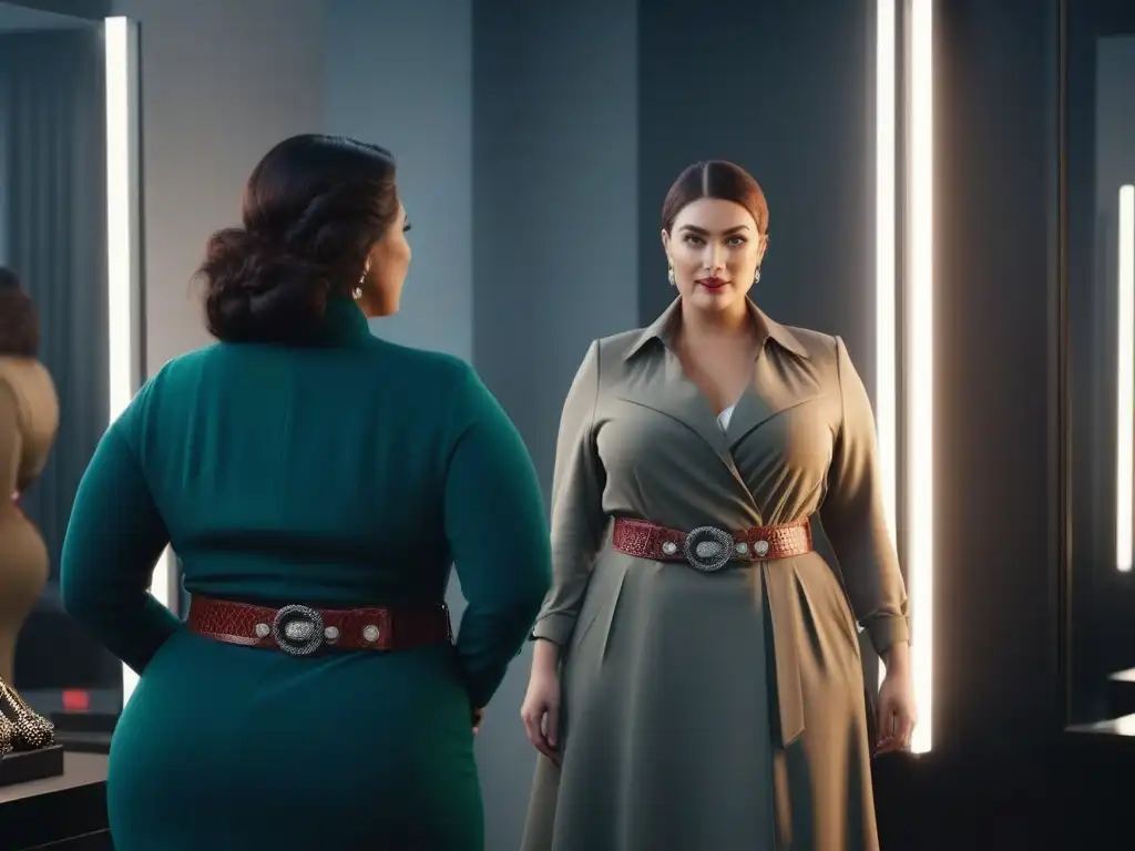 Estiliza tu figura: mujer plus size segura con cinturón elegante Una mujer plus size segura ajustando un cinturón, realzando su look en un elegante vestidor