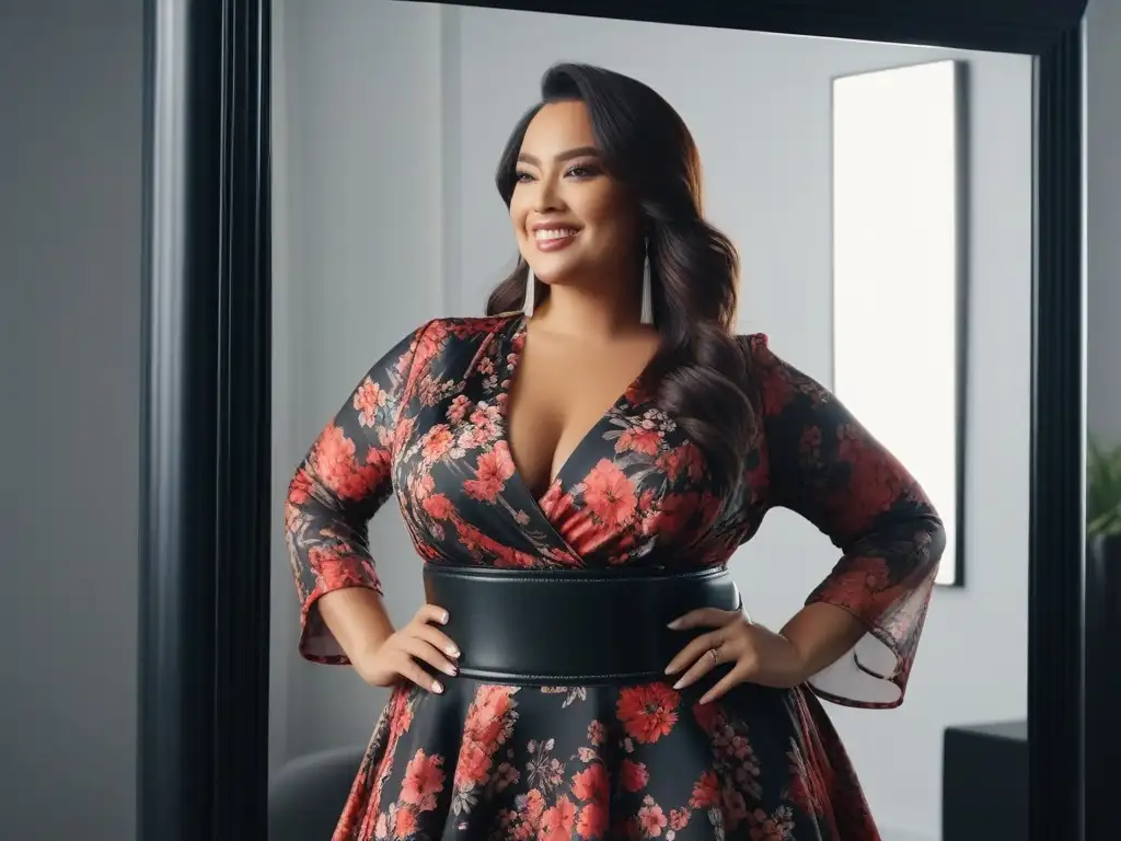 Mujer plus size con cinturón de cuero negro en vestido floral Una mujer plus size segura, luciendo un cinturón negro sobre un vestido floral, reflejando su sonrisa empoderadora en el espejo