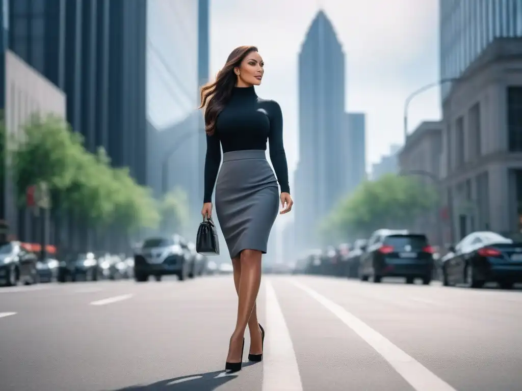 Mujer elegante en falda caminando por la ciudad en 8k Mujer petite segura en la ciudad con falda que realza su figura