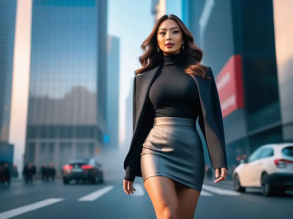 Mujer petite deslumbrante en la ciudad con estilo profesional Una mujer petite segura camina por la ciudad, luciendo una falda lápiz elegante