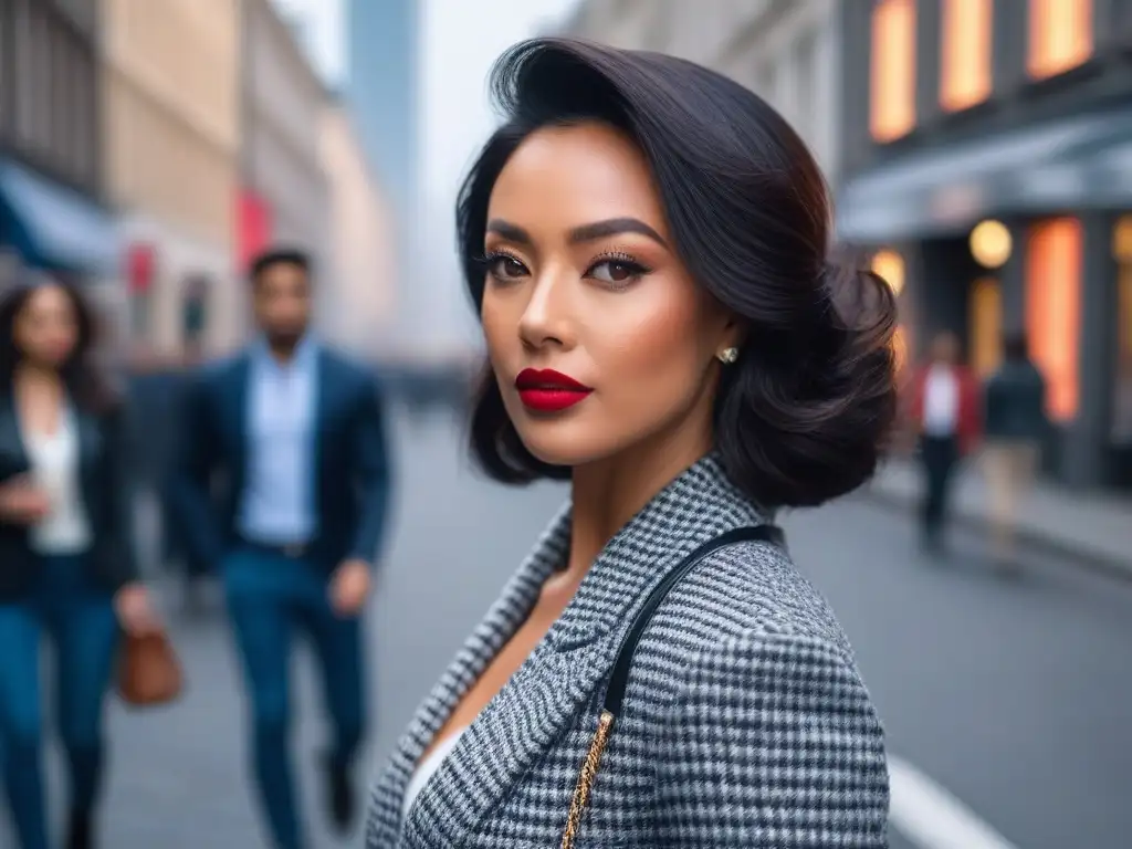 Mujer segura con lipstick nontransfer en la ciudad moderna Mujer segura camina por la ciudad con labiales no transfieren duración color