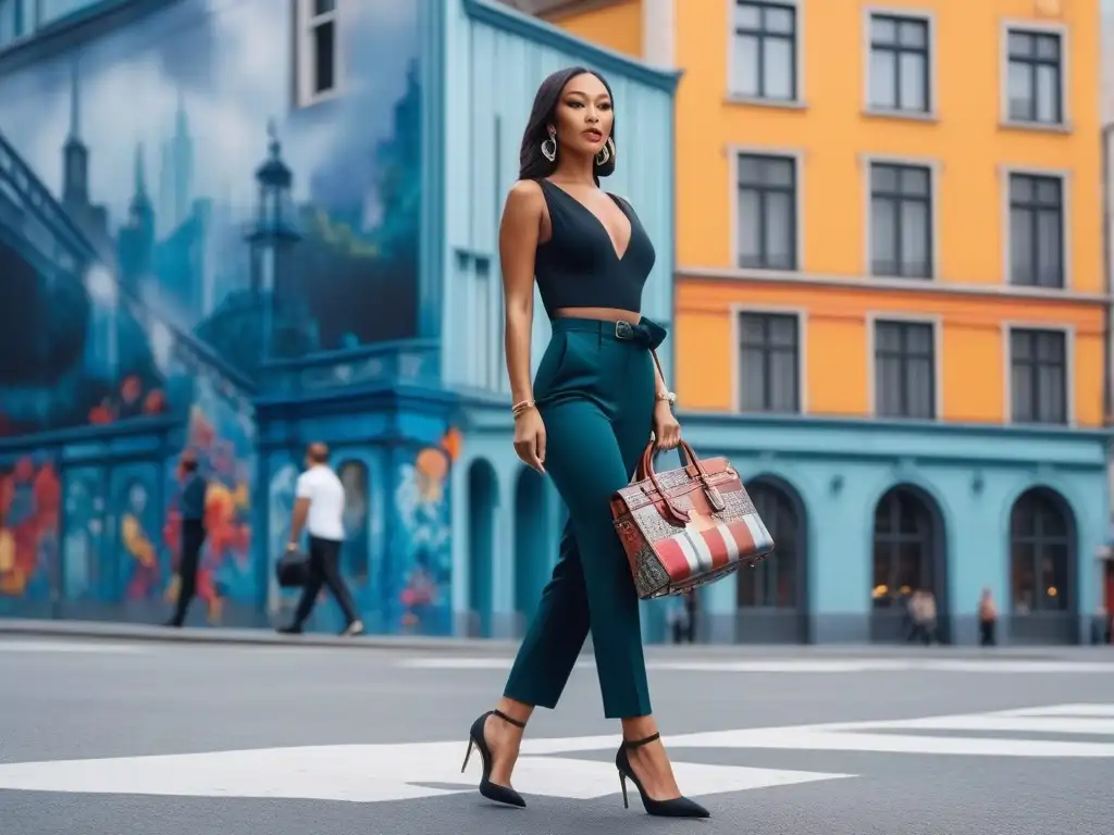 Estilosa mujer petite empoderada en la ciudad Una mujer petite segura camina por la ciudad con pantalones a medida y accesorios elegantes