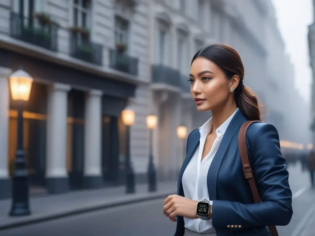 Empoderamiento urbano: smartwatch de lujo para mujer petite Una mujer segura camina por la ciudad, con un reloj elegante