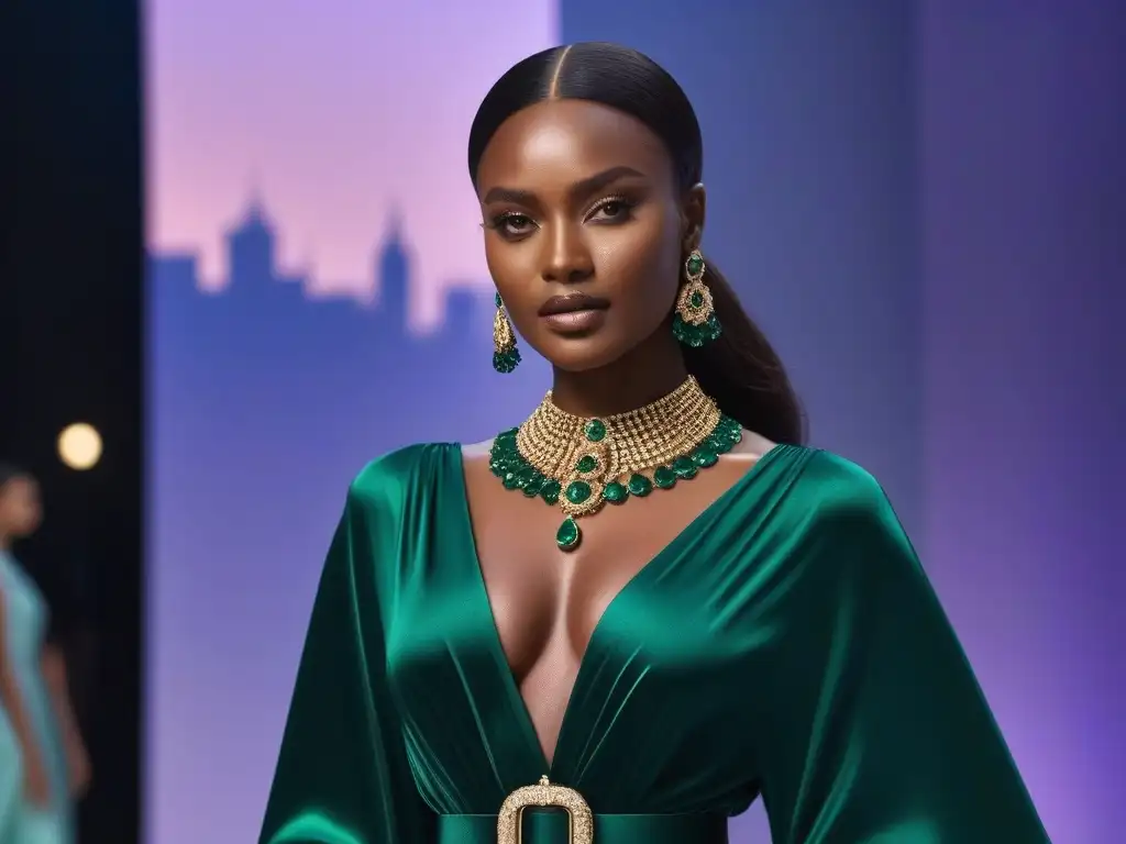 Estilo y sofisticación: mujer segura en evento de moda de alta gama Mujer segura, viste colores moda lujo tono piel, en evento alta costura