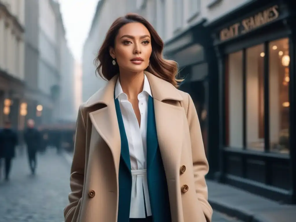 Estilo impecable: La clave para elegir un abrigo perfecto para mujeres petite Una mujer petite segura camina con elegancia en la ciudad luciendo un abrigo perfecto para cuerpo petite, en un entorno urbano otoñal