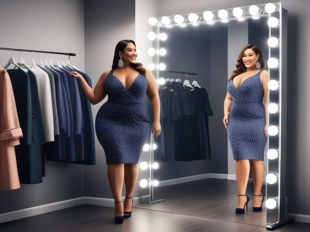 Plussize elegante: mujer segura en vestuario chic Una mujer plus size segura y elegante ajustando sus accesorios frente al espejo en un vestidor chic y moderno