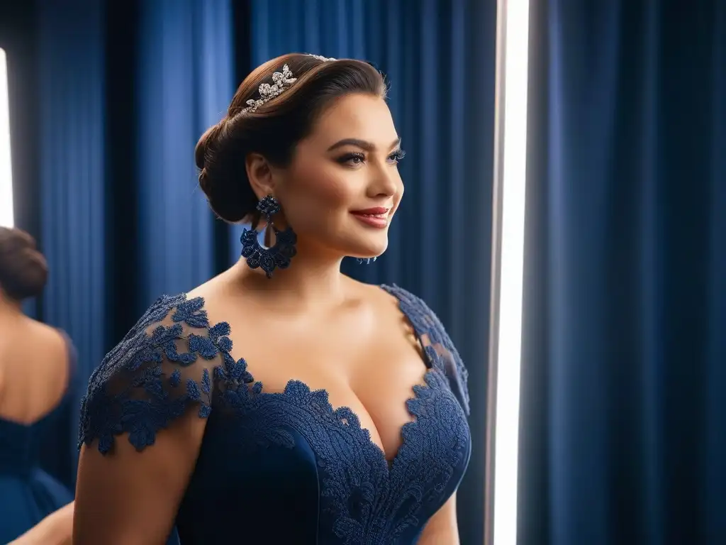 Plussize elegante: mujer segura ajustando aretes en espejo Una mujer plus size segura y elegante ajustando aretes frente al espejo en un vestido de noche azul marino