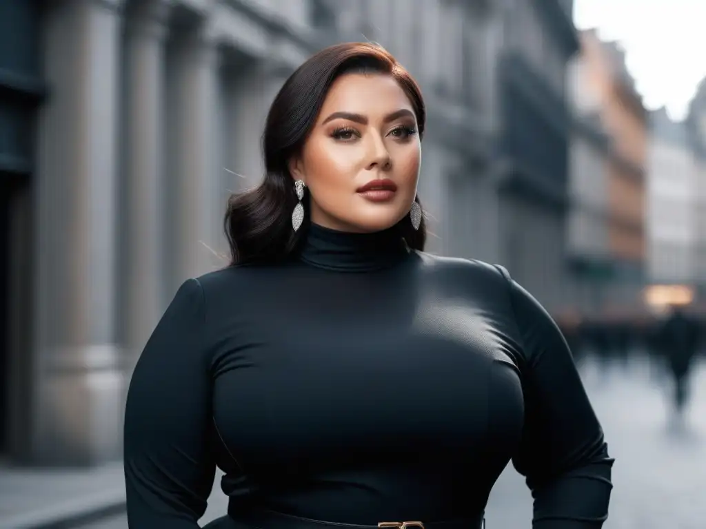 Estilo y sofisticación: mujer plus size segura en negro Una mujer plus size segura de sí misma destaca elegante en un atuendo negro, en un entorno urbano chic