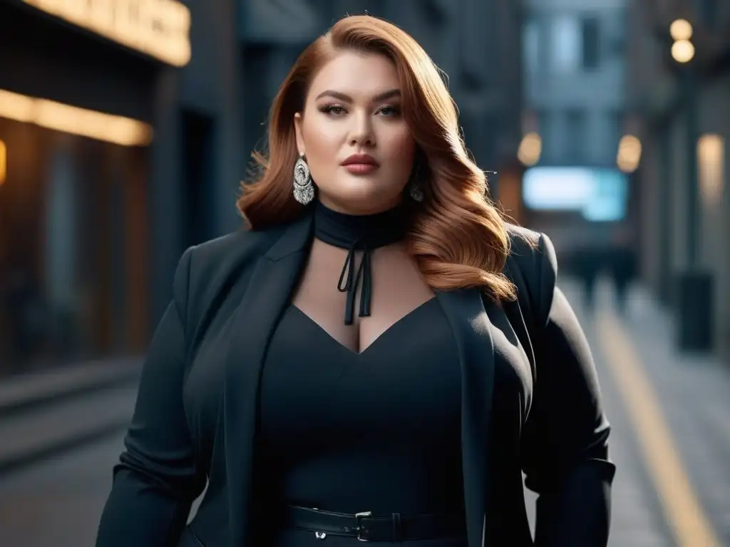 Elegante mujer plussize en outfit negro en ciudad moderna Una mujer segura y elegante en un atuendo negro, representando la versatilidad y elegancia de los outfits negros para tallas grandes