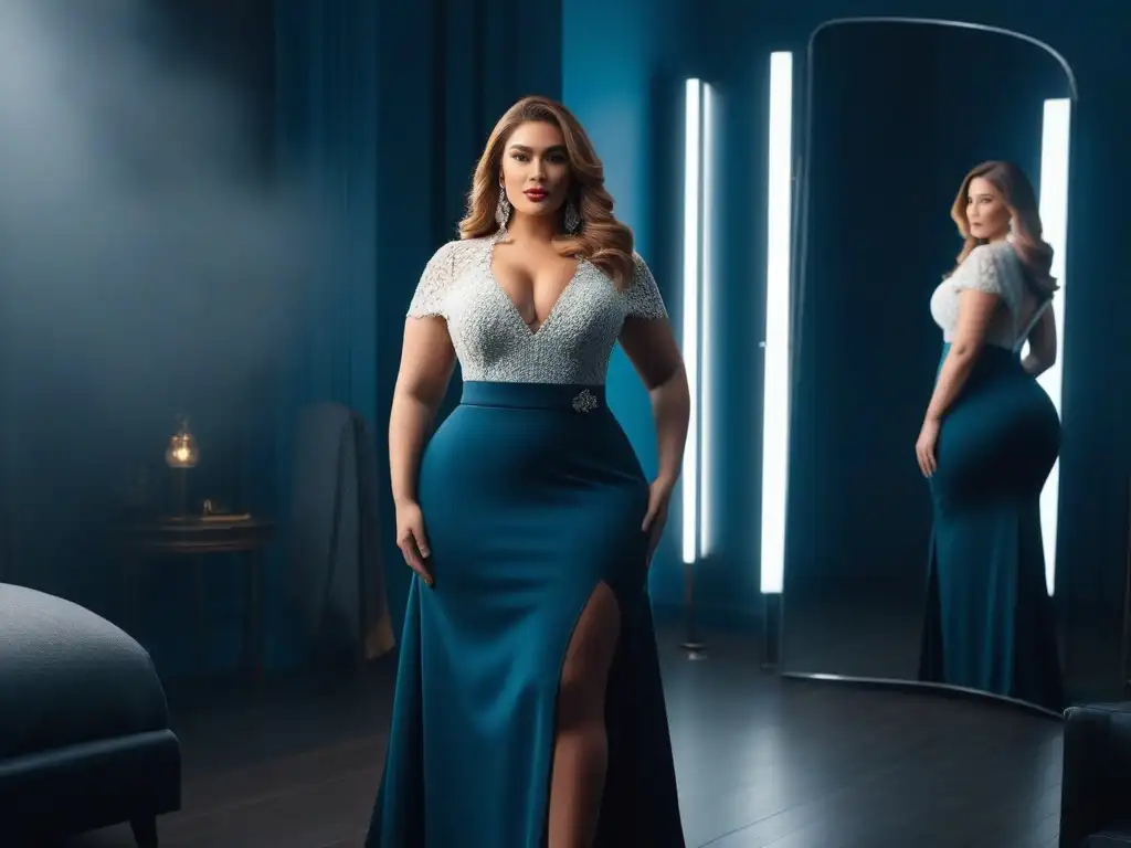 Empoderamiento: mujer plus size se admira en espejo con atuendo a medida Una mujer plus size segura y elegante ajustando su atuendo bespoke frente al espejo