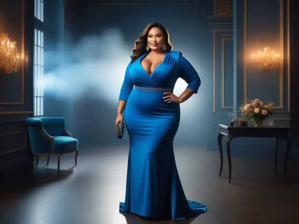 Moda plus size elegante y glamurosa para eventos especiales Una mujer plus size segura y elegante con un atuendo deslumbrante en un evento sofisticado