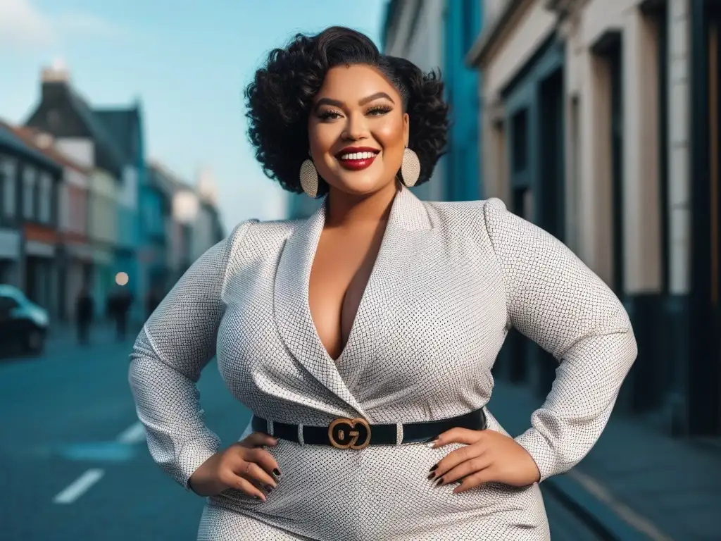 Empoderamiento plussize: mujer segura y elegante en la ciudad Una mujer plus size segura de sí misma y elegante en una ciudad diversa