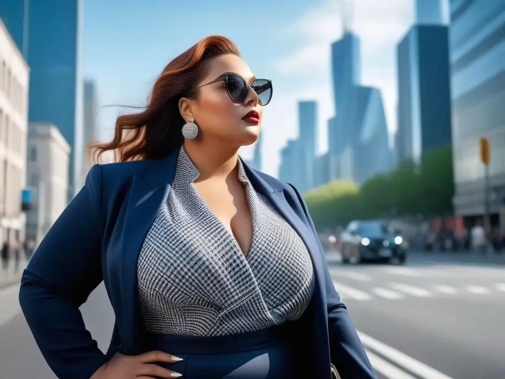 Mujer plus size empoderada en la ciudad Una mujer plus size segura y elegante camina por la ciudad, luciendo un atuendo que realza sus curvas