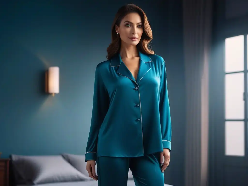 Conjunto de noche chic para mujeres petite: elegancia y estilo Una mujer petite segura modela un elegante conjunto de ropa de dormir, resaltando la guía de compras para mujeres petite