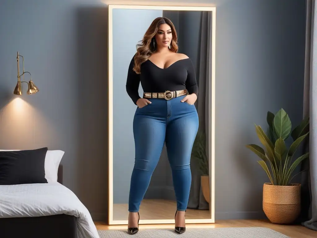 Plussize: Mujer segura y elegante en skinny jeans Una mujer plus size segura y elegante luciendo los mejores jeans plus size ajustados, reflejando empoderamiento y positividad corporal